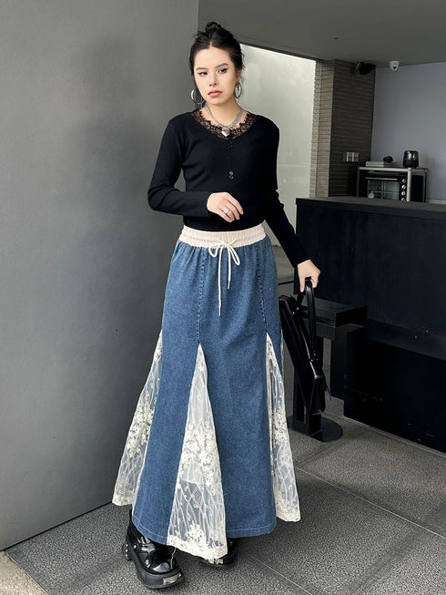 Cross Border Lace Denim Skirt